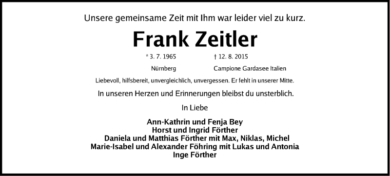 Traueranzeige für Frank Zeitler vom 08.09.2015 aus Gesamtausgabe Nürnberger Nachrichten/ Nürnberger Ztg.