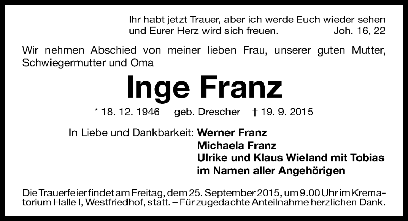  Traueranzeige für Inge Franz vom 23.09.2015 aus Gesamtausgabe Nürnberger Nachrichten/ Nürnberger Ztg.