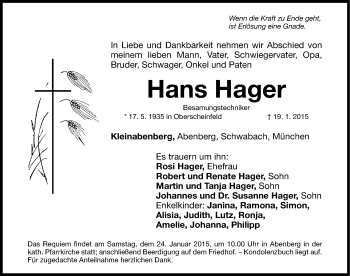 Traueranzeige von Hans Hager von Roth-Hilpoltsteiner Volkszeitung Lokal