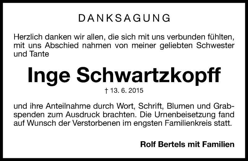  Traueranzeige für Inge Schwartzkopff vom 08.07.2015 aus Gesamtausgabe Nürnberger Nachrichten/ Nürnberger Ztg.