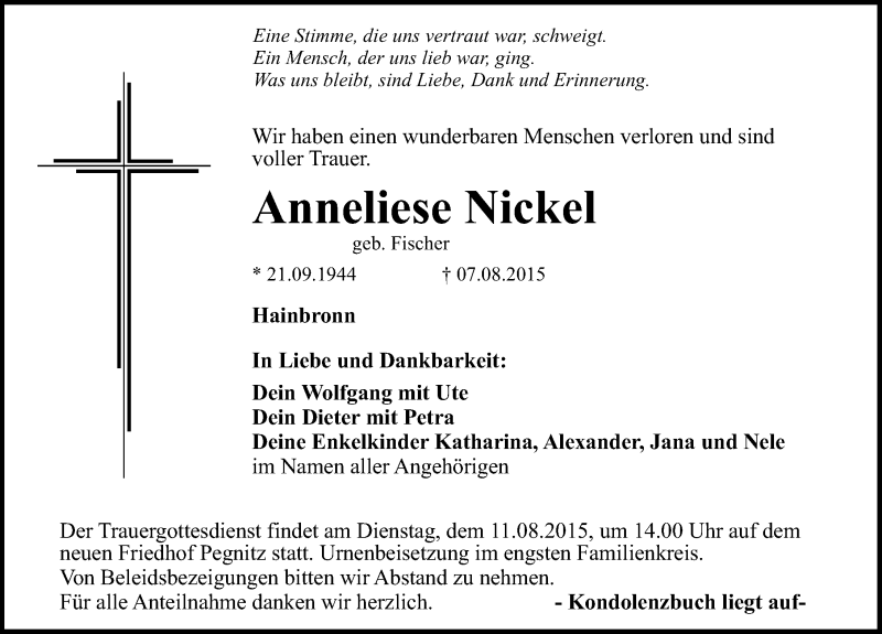  Traueranzeige für Anneliese Nickel vom 10.08.2015 aus Nordbayerische Nachrichten Pegnitz Lokal