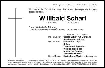 Traueranzeige von Willibald Scharl von Gesamtausgabe Nürnberger Nachrichten/ Nürnberger Ztg.