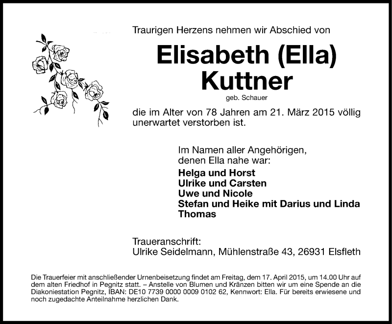  Traueranzeige für Elisabeth Kuttner vom 11.04.2015 aus Nordbayerische Nachrichten Pegnitz Lokal