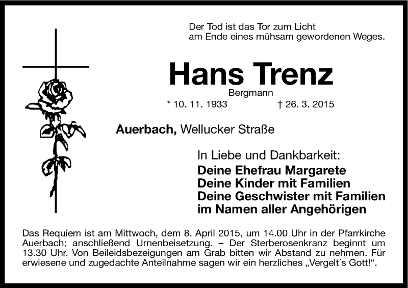  Traueranzeige für Hans Trenz vom 01.04.2015 aus Nordbayerische Nachrichten Pegnitz Lokal