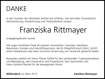 Traueranzeige von Franziska Rittmayer von Erlanger Nachrichten/ Nordbayer. Nachrichten Forchheim