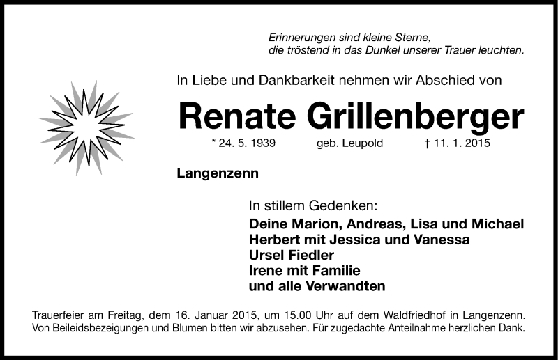  Traueranzeige für Renate Grillenberger vom 13.01.2015 aus Fürther Nachrichten Lokal