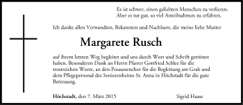 Traueranzeige von Margarete Rusch von Nordbayerische Nachrichten Herzogenaurach Lokal