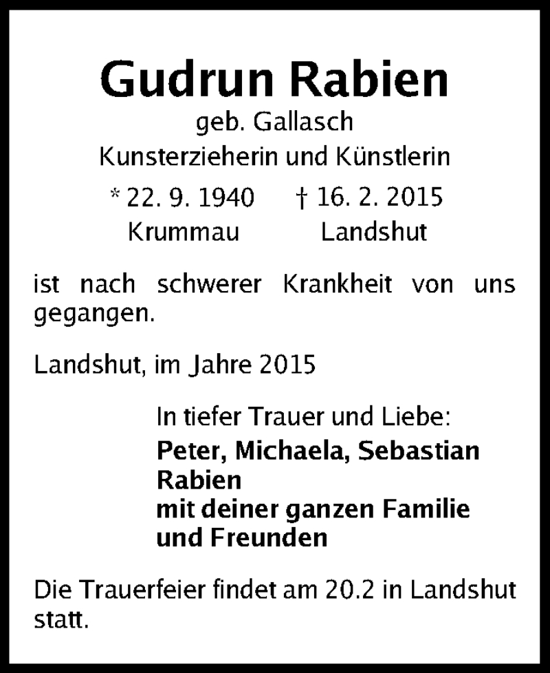  Traueranzeige für Gudrun Rabien vom 20.02.2015 aus Gesamtausgabe Nürnberger Nachrichten/ Nürnberger Ztg.