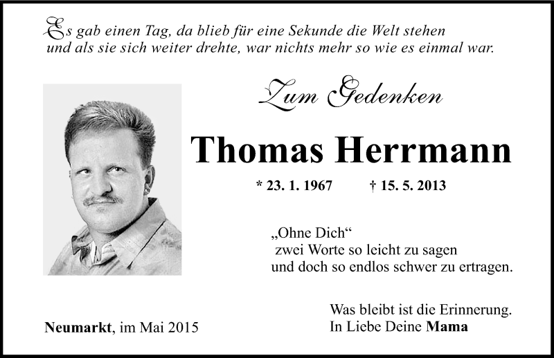  Traueranzeige für Thomas Herrmann vom 14.05.2015 aus Neumarkter Nachrichten Lokal