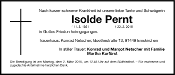 Traueranzeige von Isolde Pernt von Gesamtausgabe Nürnberger Nachrichten/ Nürnberger Ztg.