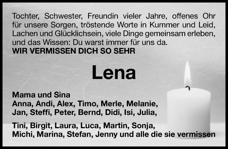  Traueranzeige für Lena Götzfried vom 18.06.2015 aus Erlanger Nachrichten Lokal