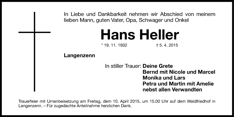  Traueranzeige für Hans Heller vom 08.04.2015 aus Fürther Nachrichten Lokal