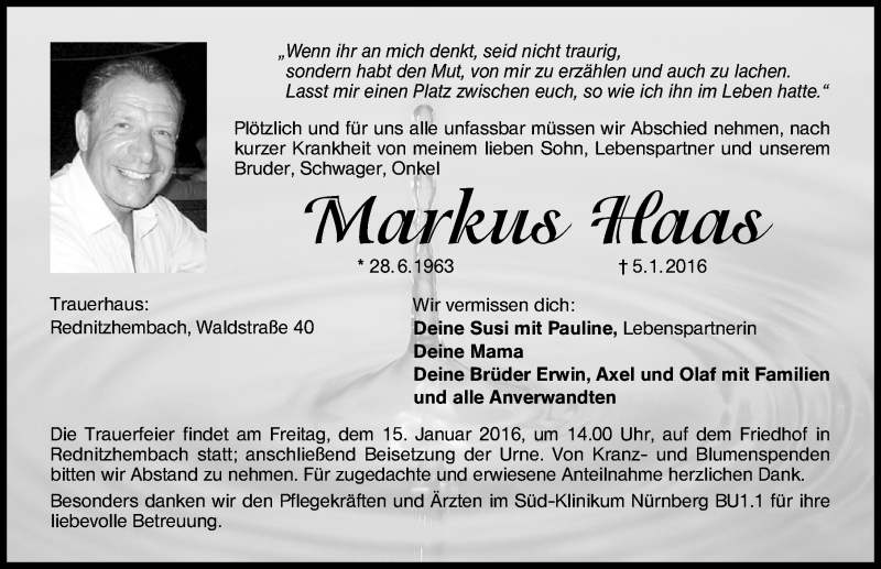  Traueranzeige für Markus Haas vom 13.01.2016 aus Schwabach