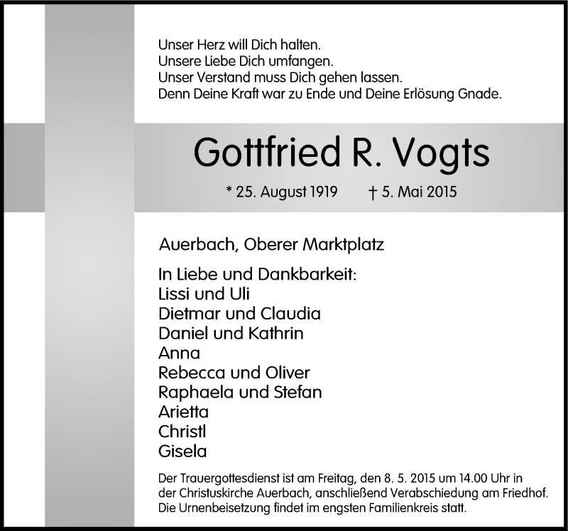  Traueranzeige für Gottfried R. Vogts vom 07.05.2015 aus Nordbayerische Nachrichten Pegnitz Lokal