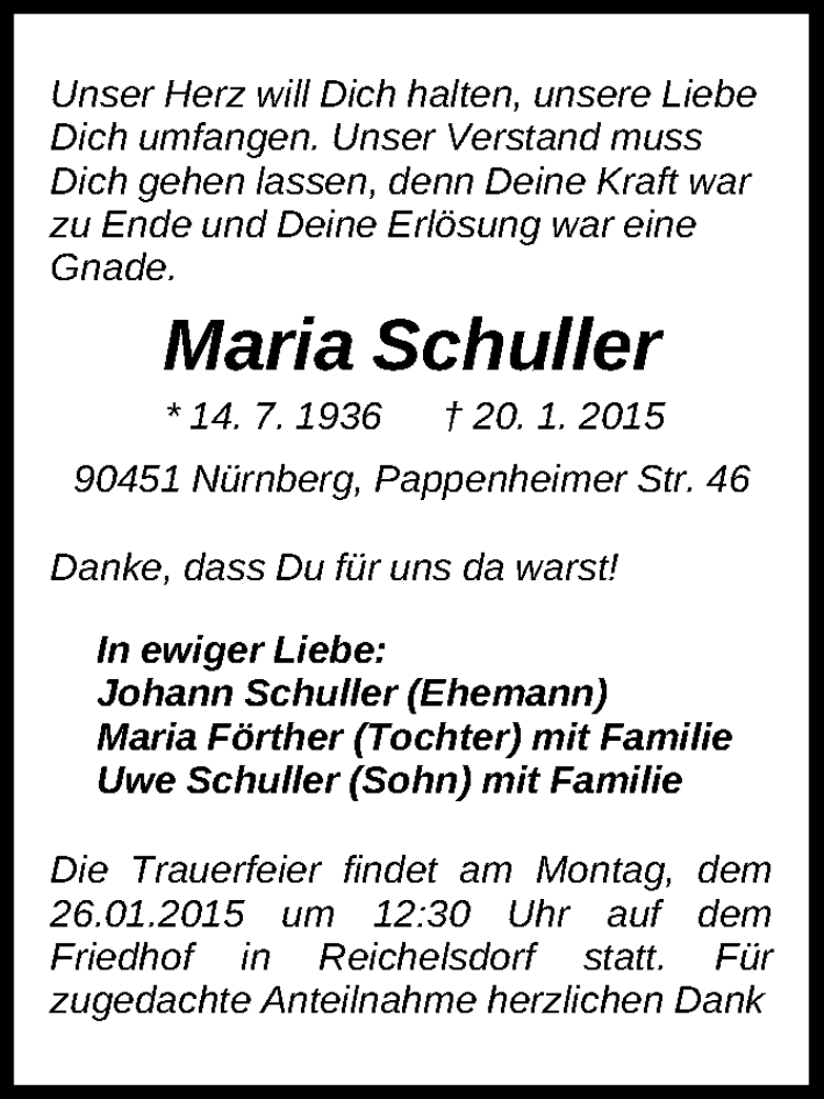  Traueranzeige für Maria Schuller vom 24.01.2015 aus Gesamtausgabe Nürnberger Nachrichten/ Nürnberger Ztg.