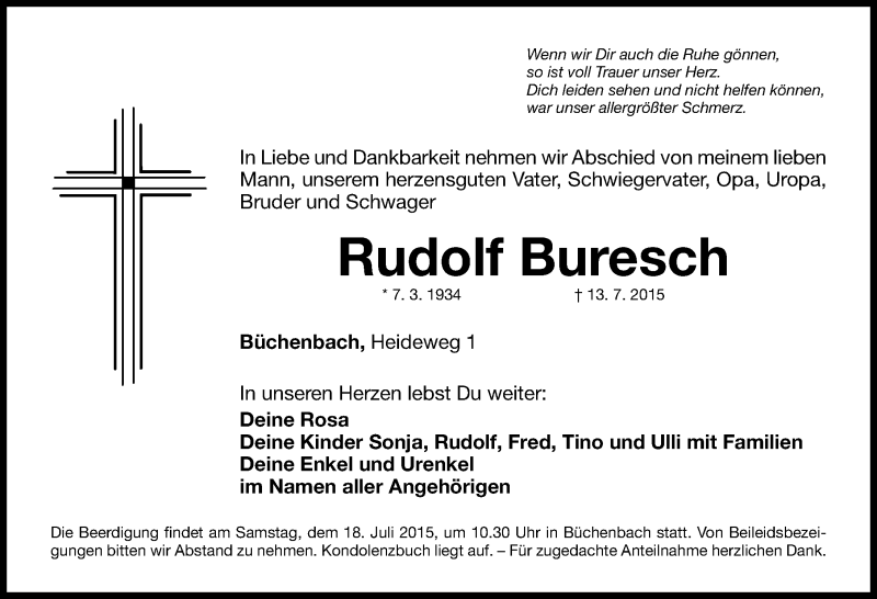 Traueranzeige für Rudolf Buresch vom 16.07.2015 aus Roth-Hilpoltsteiner Volkszeitung Lokal
