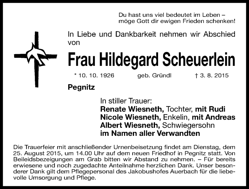  Traueranzeige für Hildegard Scheuerlein vom 21.08.2015 aus Nordbayerische Nachrichten Pegnitz Lokal