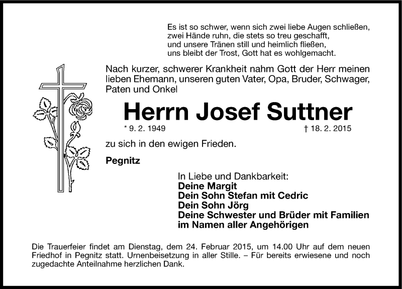  Traueranzeige für Josef Suttner vom 20.02.2015 aus Nordbayerische Nachrichten Pegnitz Lokal