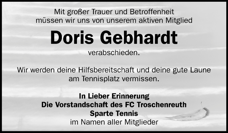  Traueranzeige für Doris Gebhardt vom 15.07.2015 aus Nordbayerische Nachrichten Pegnitz Lokal