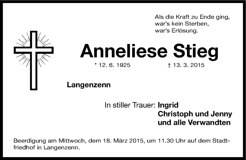  Traueranzeige für Anneliese Stieg vom 16.03.2015 aus Fürther Nachrichten Lokal