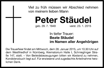 Traueranzeige von Peter Stäudel von Gesamtausgabe Nürnberger Nachrichten/ Nürnberger Ztg.