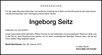 Traueranzeige von Ingeborg Seitz von Altmühl-Bote Lokal