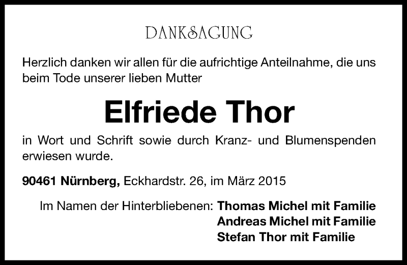  Traueranzeige für Elfriede Thor vom 07.03.2015 aus Gesamtausgabe Nürnberger Nachrichten/ Nürnberger Ztg.