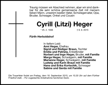 Traueranzeige von Cyrill Heger von Fürther Nachrichten Lokal