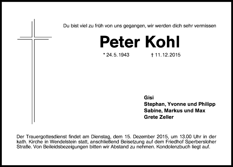  Traueranzeige für Peter Kohl vom 14.12.2015 aus Schwabach