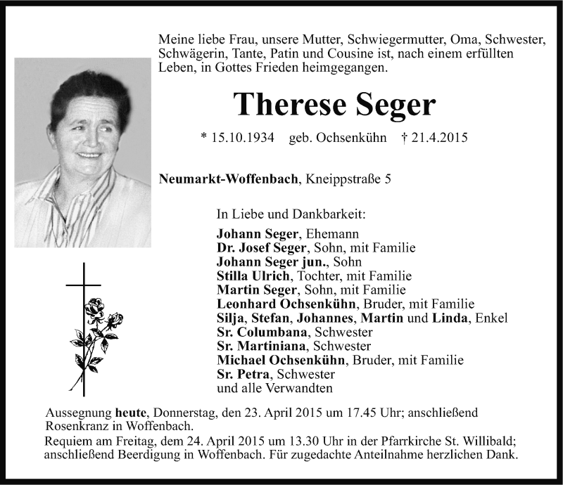 Traueranzeigen von Therese Seger | trauer.nn.de