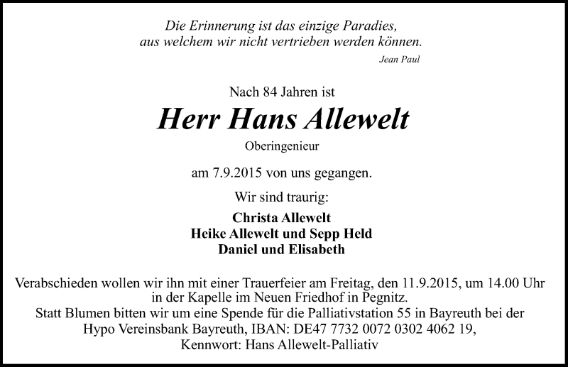  Traueranzeige für Hans Allewelt vom 10.09.2015 aus Nordbayerische Nachrichten Pegnitz Lokal