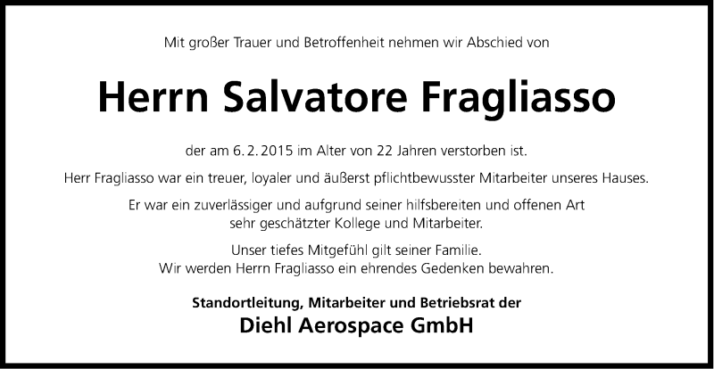  Traueranzeige für Salvatore Fragliasso vom 12.02.2015 aus Gesamtausgabe Nürnberger Nachrichten/ Nürnberger Ztg.