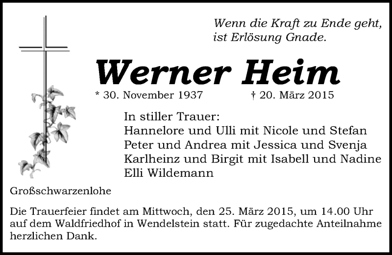  Traueranzeige für Werner Heim vom 23.03.2015 aus Gesamtausgabe Nürnberger Nachrichten/ Nürnberger Ztg.