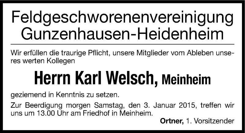  Traueranzeige für Karl Welsch vom 02.01.2015 aus Altmühl-Bote Lokal