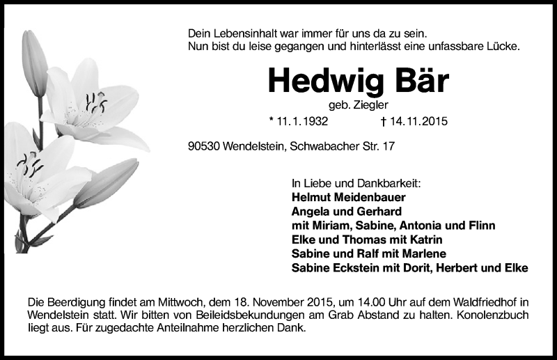  Traueranzeige für Hedwig Bär vom 17.11.2015 aus Schwabach