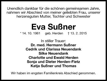 Traueranzeige von Eva Sußner von Gesamtausgabe Nürnberger Nachrichten/ Nürnberger Ztg.