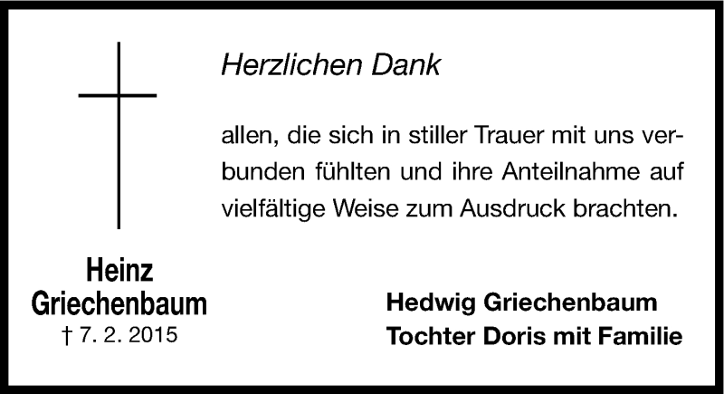 Traueranzeige für Heinz Griechenbaum vom 21.02.2015 aus Gesamtausgabe Nürnberger Nachrichten/ Nürnberger Ztg.