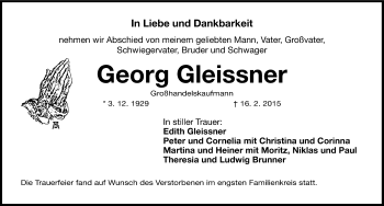 Traueranzeige von Georg Gleissner von Gesamtausgabe Nürnberger Nachrichten/ Nürnberger Ztg.