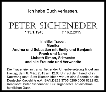 Traueranzeige von Peter Sicheneder von Gesamtausgabe Nürnberger Nachrichten/ Nürnberger Ztg.