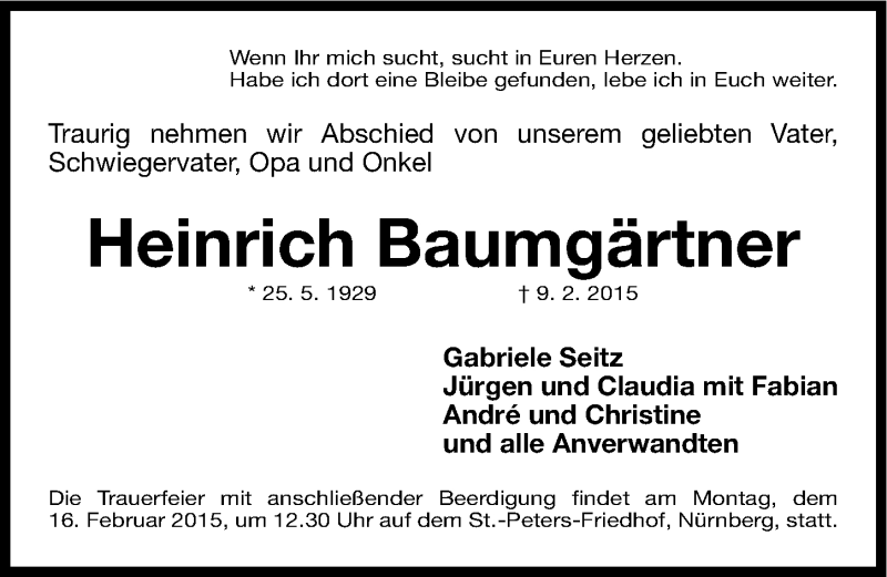  Traueranzeige für Heinrich Baumgärtner vom 14.02.2015 aus Gesamtausgabe Nürnberger Nachrichten/ Nürnberger Ztg.