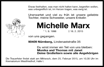 Traueranzeige von Michelle Marx von Gesamtausgabe Nürnberger Nachrichten/ Nürnberger Ztg.
