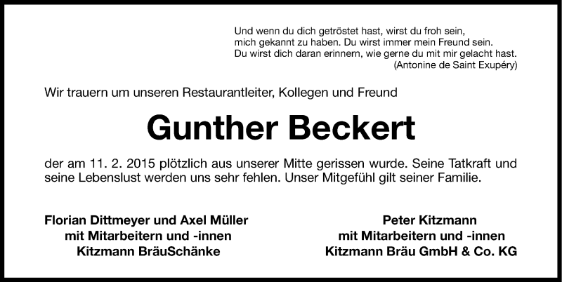  Traueranzeige für Gunther Beckert vom 05.03.2015 aus Erlanger Nachrichten Lokal