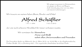Traueranzeige von Alfred Schüßler von Gesamtausgabe Nürnberger Nachrichten/ Nürnberger Ztg.