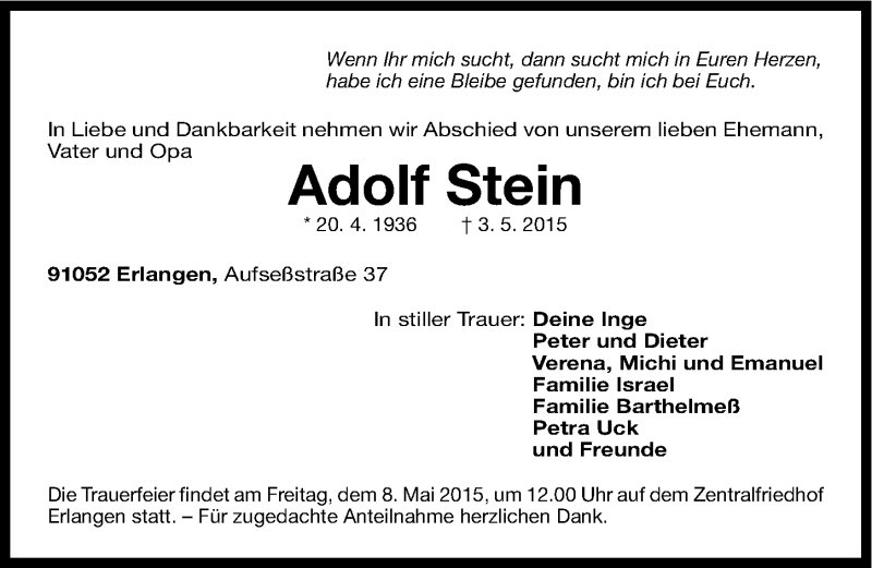  Traueranzeige für Adolf Stein vom 07.05.2015 aus Erlanger Nachrichten Lokal
