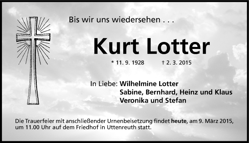  Traueranzeige für Kurt Lotter vom 09.03.2015 aus Erlanger Nachrichten Lokal