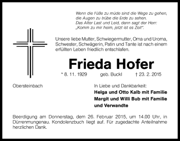 Traueranzeige von Frieda Hofer von Schwabach