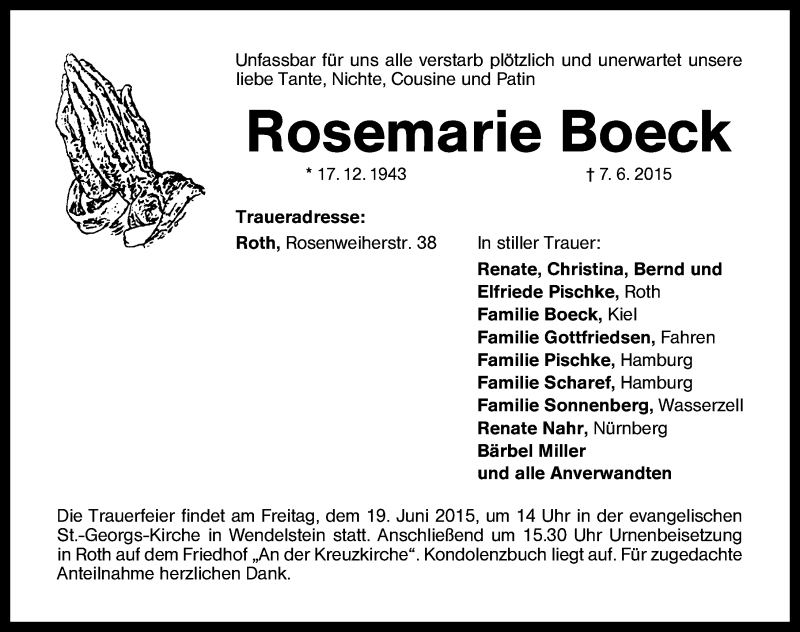  Traueranzeige für Rosemarie Boeck vom 16.06.2015 aus Schwabach