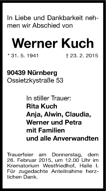 Traueranzeige von Werner Kuch von Gesamtausgabe Nürnberger Nachrichten/ Nürnberger Ztg.