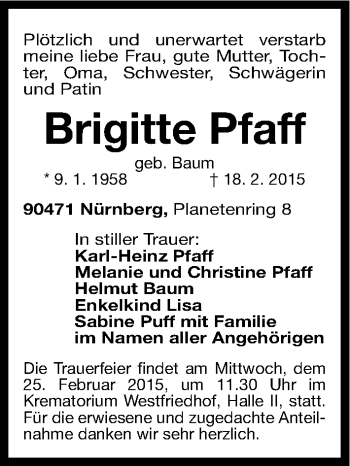 Traueranzeige von Brigitte Pfaff von Gesamtausgabe Nürnberger Nachrichten/ Nürnberger Ztg.