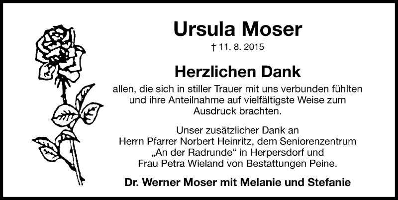  Traueranzeige für Ursula Moser vom 29.08.2015 aus Gesamtausgabe Nürnberger Nachrichten/ Nürnberger Ztg.